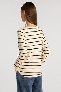 A cream and black long sleeve basic stacy top with horizontal stripes and a rounded neckline from basics collection
