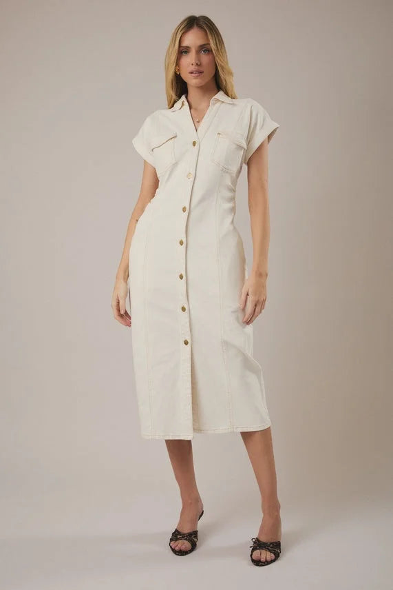 Wide shoulder button utility midi dress in cream denim with pockets