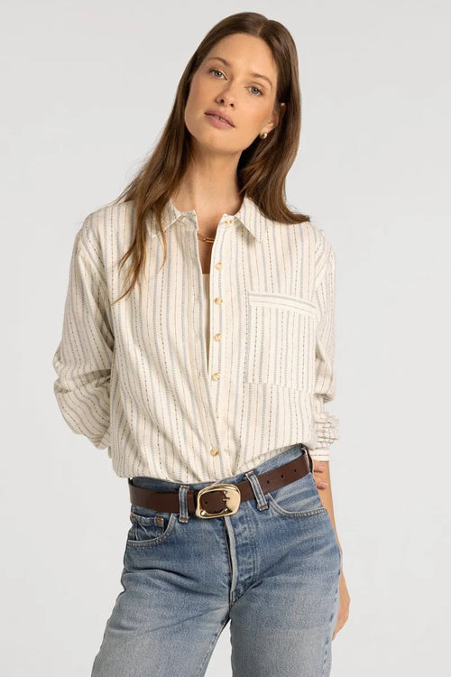 A cream button-up supply lexington shirt with thin vertical stripes and subtle textured pattern for casual wear