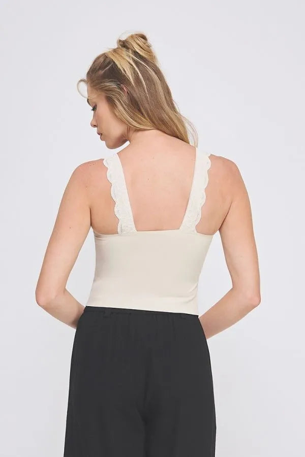 Cream-colored bralette tank with lovely scallop edge lace straps featuring delicate scallop edge design