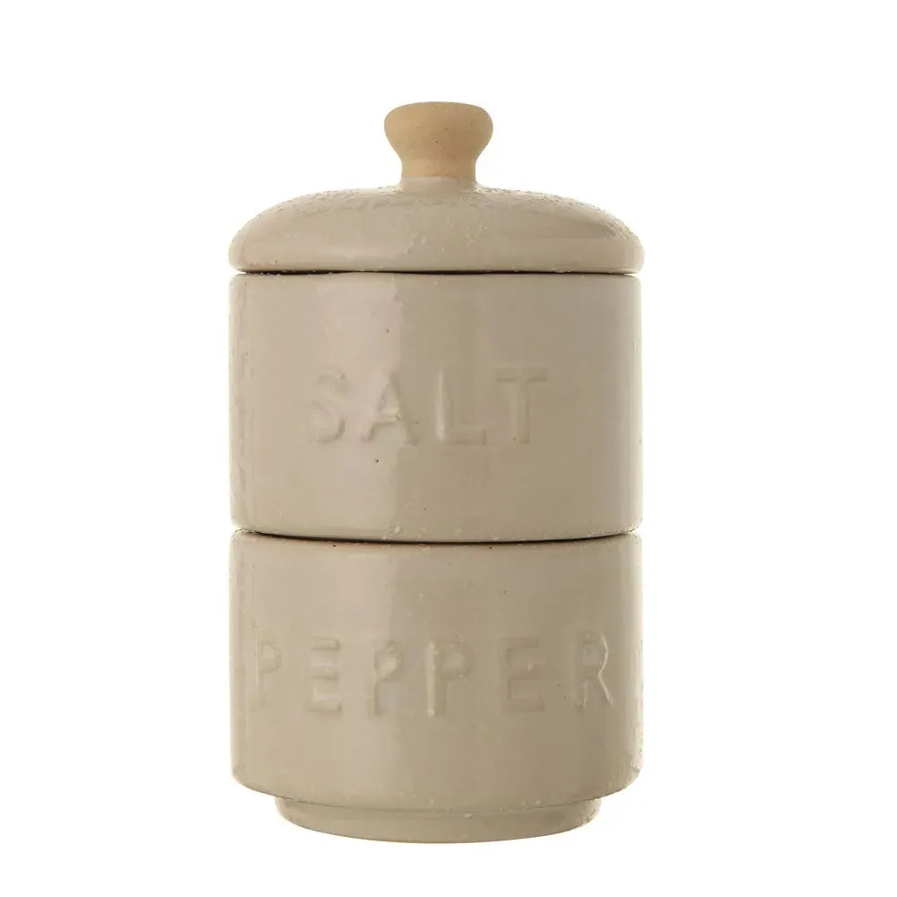 Cream-colored ceramic stackable salt and pepper pots with wooden knob lids ideal for women’s boho chic clothing kitchen use
