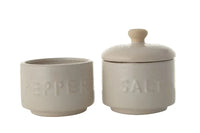 Cream-colored ceramic stackable salt and pepper pots with embossed lettering and wooden lids for kitchen use