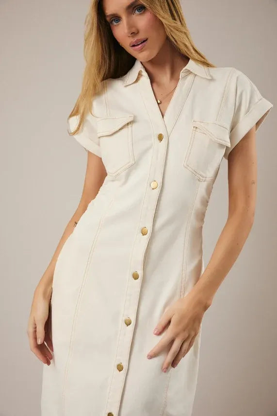 WIDE SHOULDER UTILITY MIDI DRESS CREAM DENIM BEIGE / MEDIUM