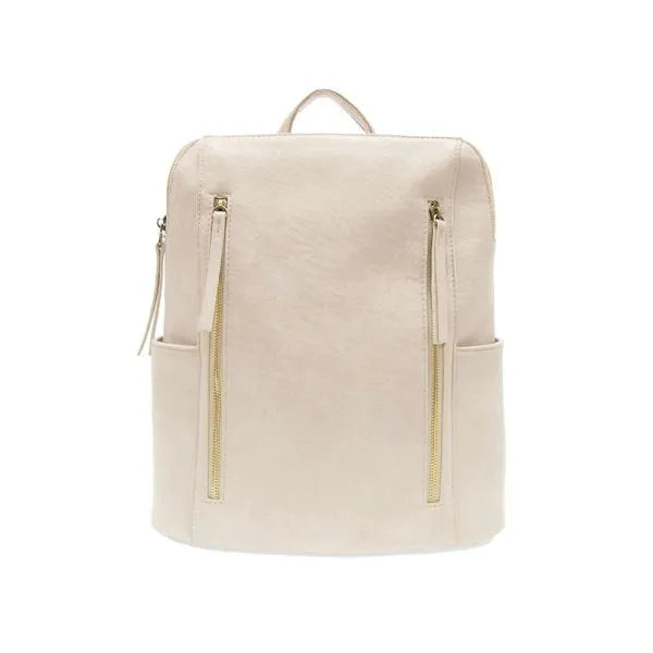Cream-colored faux leather raegan double zipper backpack with gold-tone zippers and top handle for stylish use