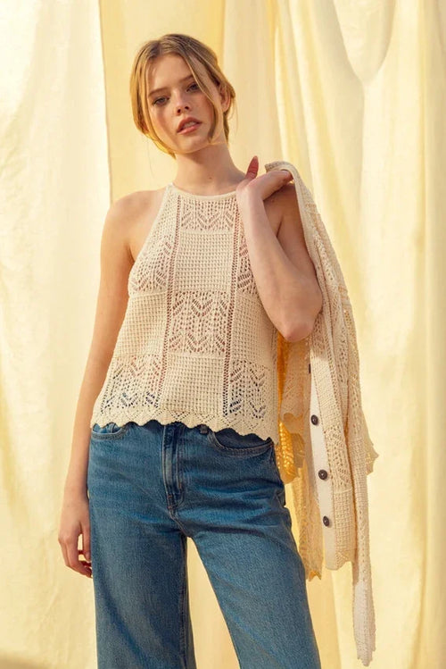Patch work effect crochet tank top: cream sleeveless with lace pattern