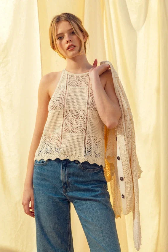 Patch work effect crochet tank top: cream sleeveless with lace pattern