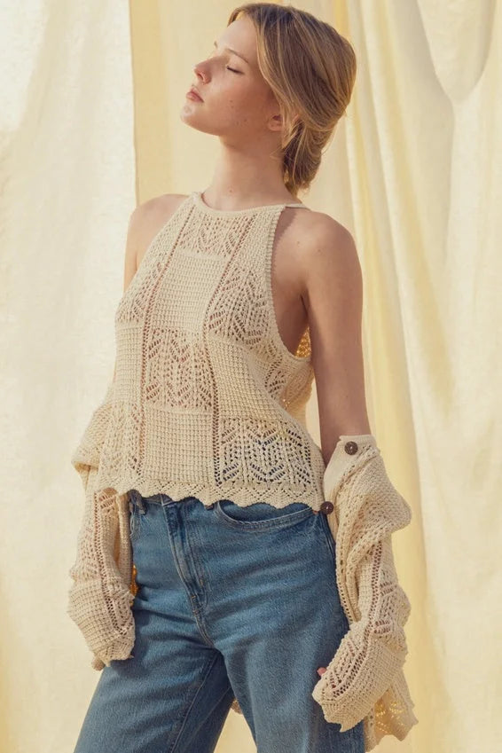 Patch work effect crochet tank top in cream with lace patterns