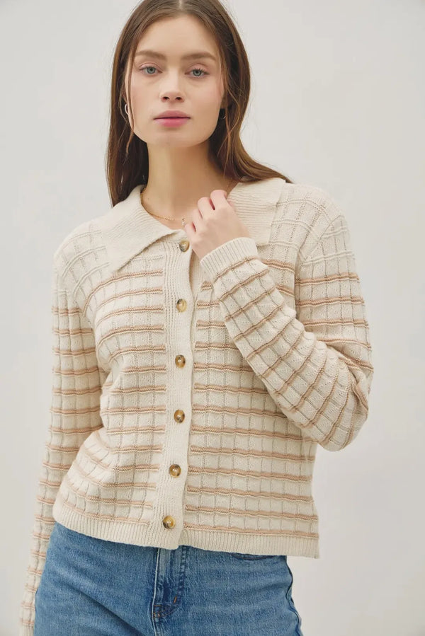Cream-colored collared striped button up knit cardigan with beige grid and gold buttons