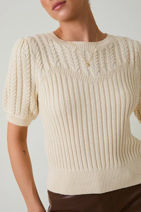 Cream round neck puff short sleeve cable knit sweater