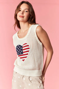 Cream-colored sleeveless america pointelle knit top with a heart-shaped American flag design for patriotic wear