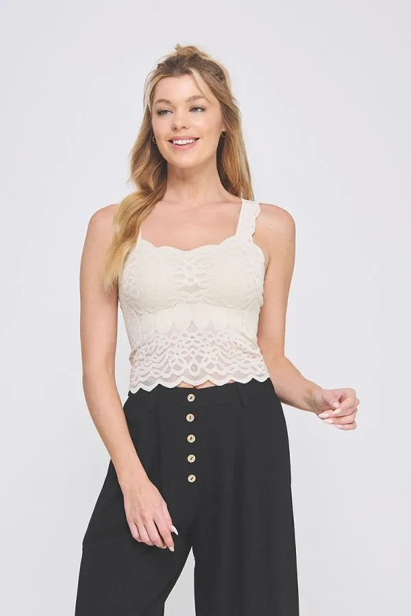 Cream-colored lace bralette tank with lovely scallop edge and thin straps for a delicate summer look