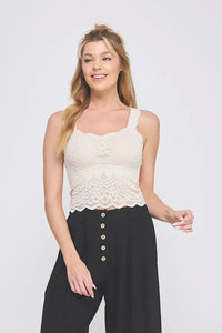 Cream-colored lace bralette tank with lovely scallop edge and thin straps for a delicate summer look