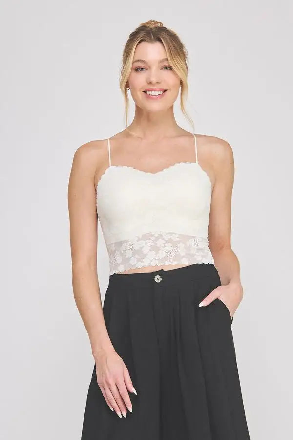 Cream-colored floral lace scallop edge sweetheart bralette with lace-trimmed crop top and thin spaghetti straps