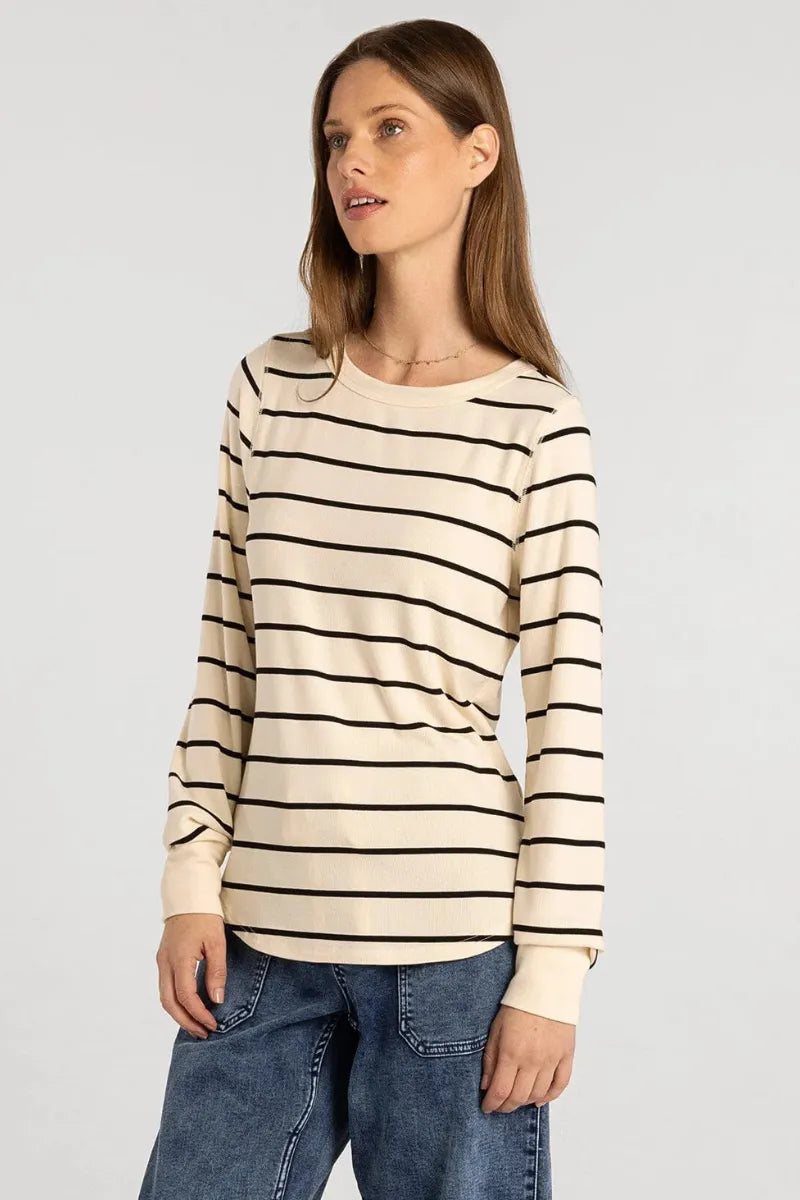 Cream-colored long sleeve basic stacy top with black horizontal stripes from the basics collection
