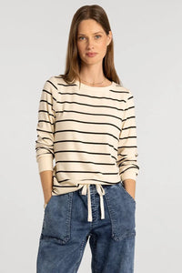 Long sleeve basic stacy top cream sweater with black stripes and drawstring waist from basics collection