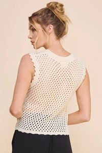 Cream-colored sleeveless scallop pointelle round top with open-knit fabric and dotted scalloped edge detail