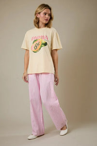 Cream-colored papaya crew neck graphic t-shirt with pink and green print in a soft cotton blend material