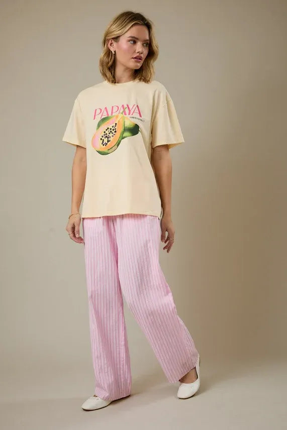 Cream-colored papaya crew neck graphic t-shirt with pink and green print in a soft cotton blend material