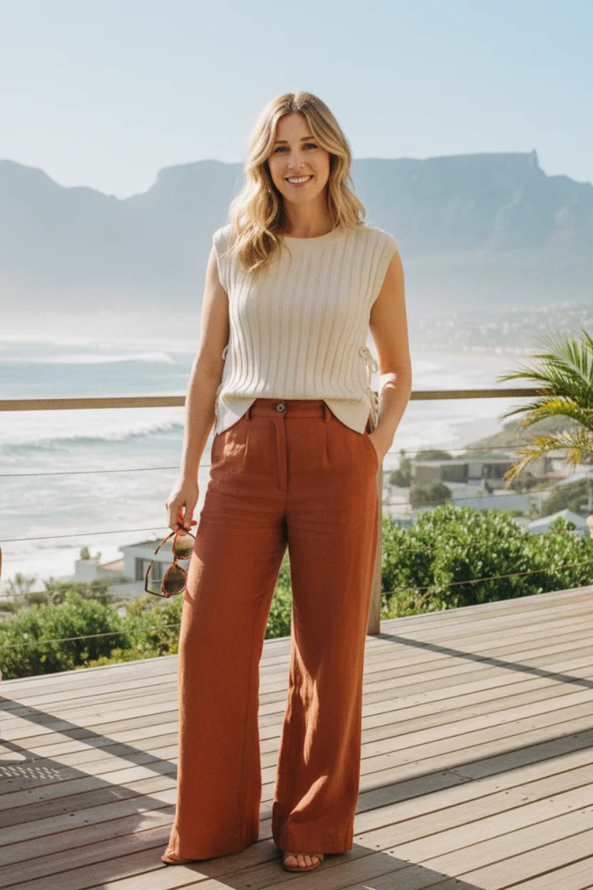 Cream-colored ribbed sweater vest with relaxed fit and side ties
