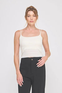 Cream ribbed knit bralette cami with zig zag patterned design and thin spaghetti straps featuring a square neckline