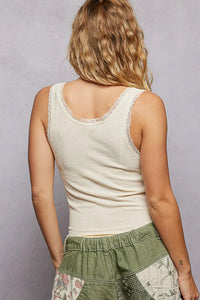 Cream-colored boho henley scooped tank top with ribbed fabric and delicate lace trim along the neckline