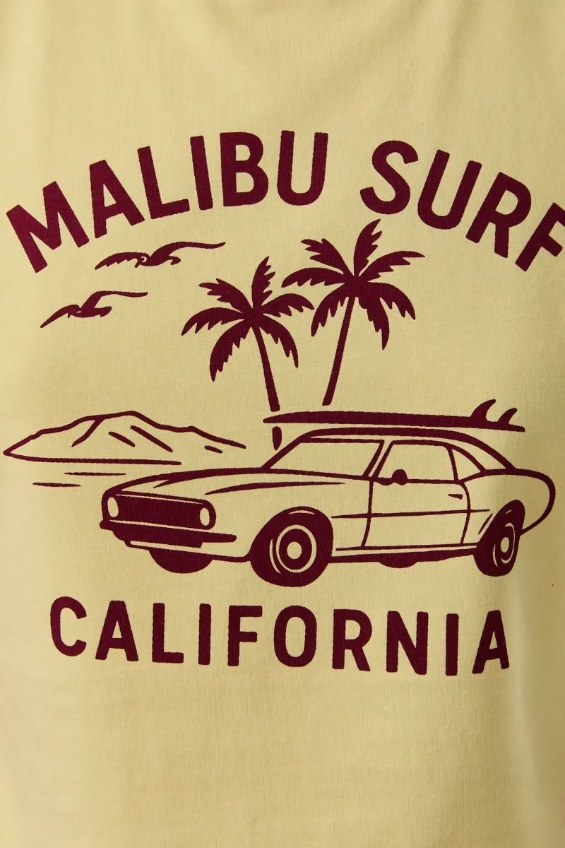 A cream-colored baby tee with a maroon malibu surf graphic of a classic car, surfboards, and palm trees