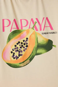 Cream-colored papaya crew neck graphic t-shirt featuring a vibrant watercolor sliced papaya and bold pink lettering
