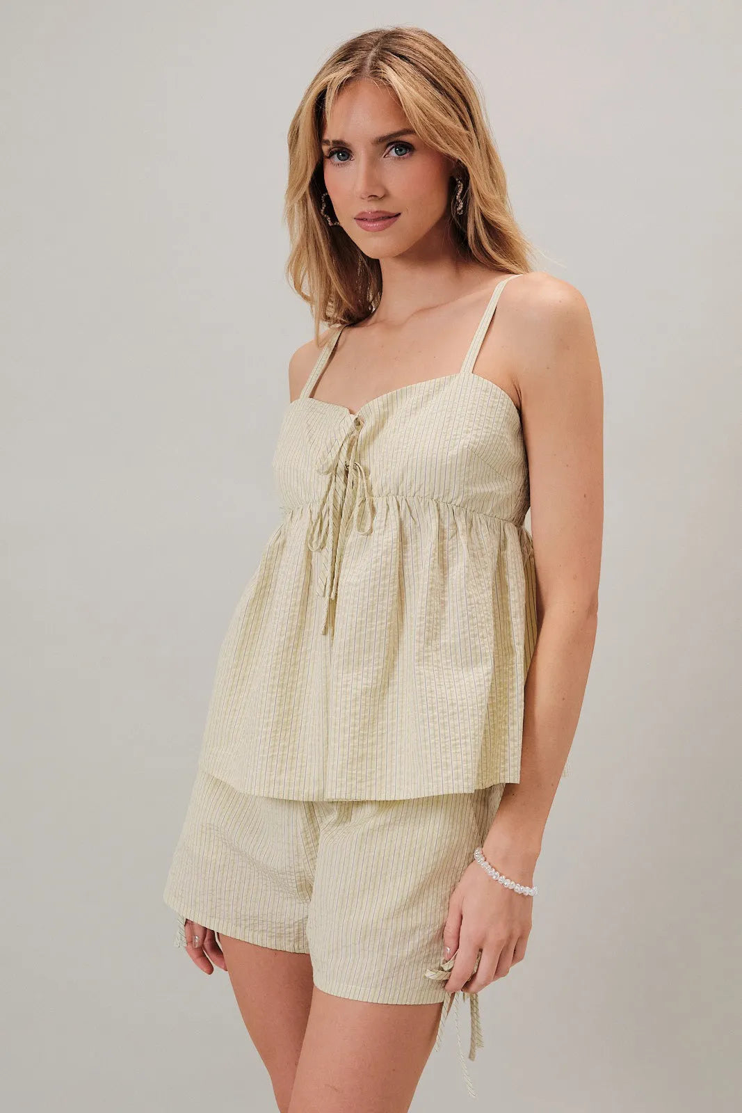 Cream-colored textured fabric two-piece set featuring square neck and shoulder tie for women’s boho chic clothing