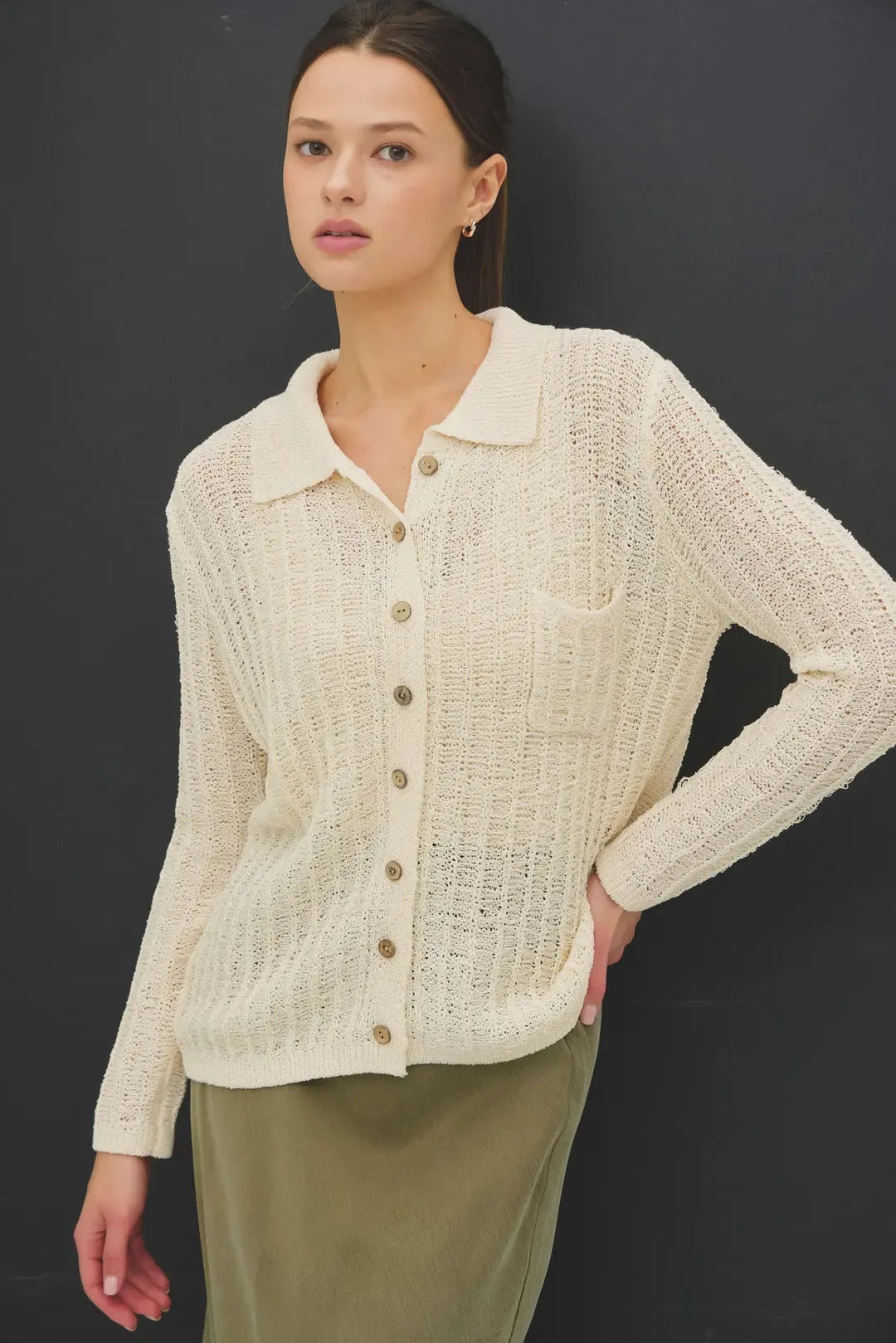 Breezy textured knit button-up collared cardigan in cream