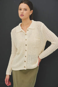 Breezy textured knit button-up collared cardigan in cream