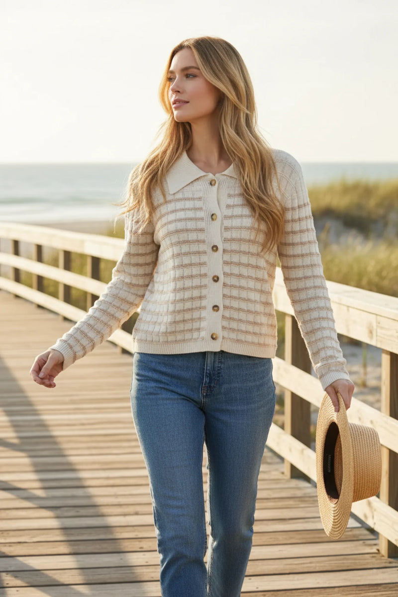 Cream-colored textured collared striped button up knit cardigan