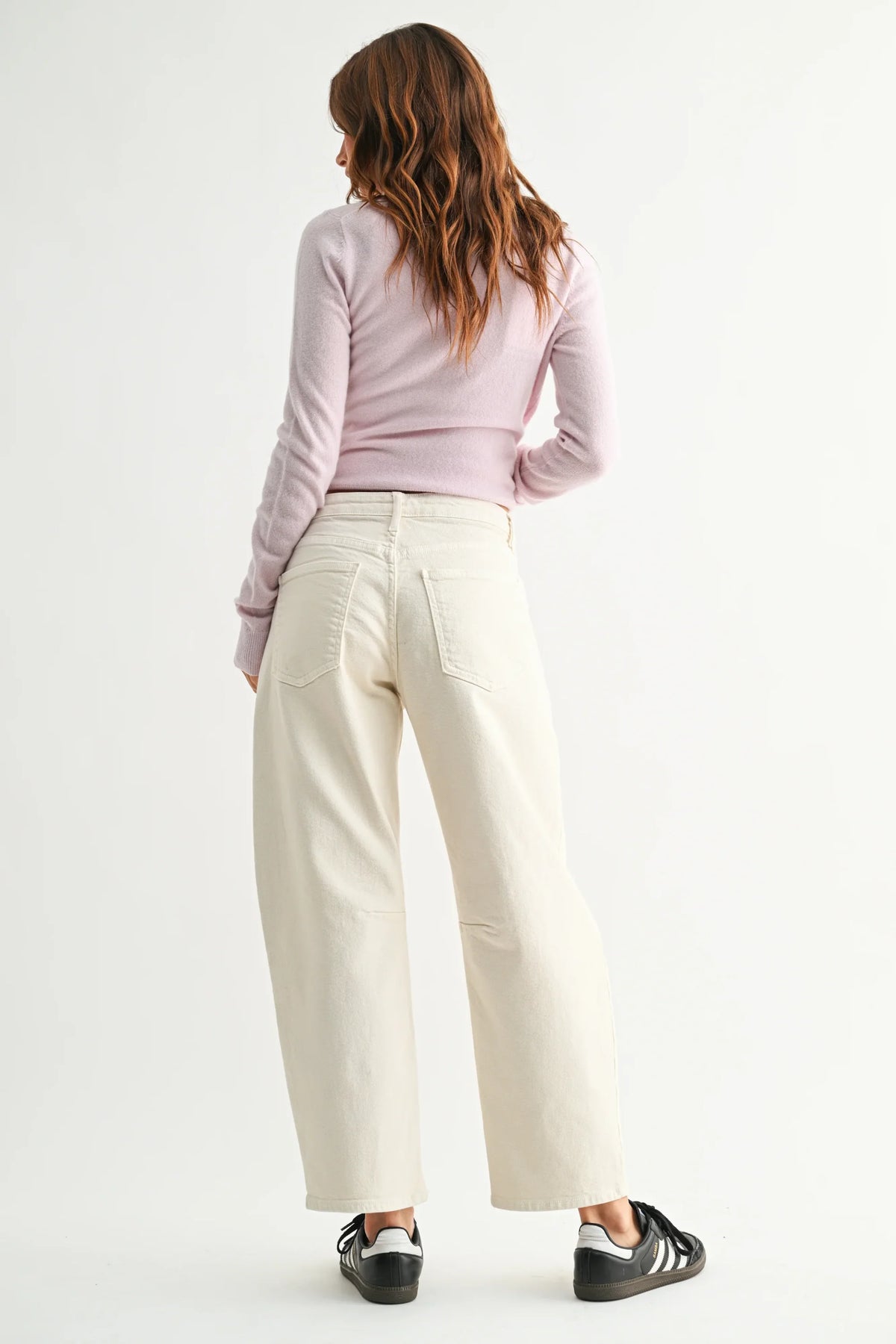 Cream-colored utility seamed barrel jean with relaxed wide-leg fit