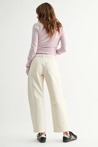 Cream-colored utility seamed barrel jean with relaxed wide-leg fit