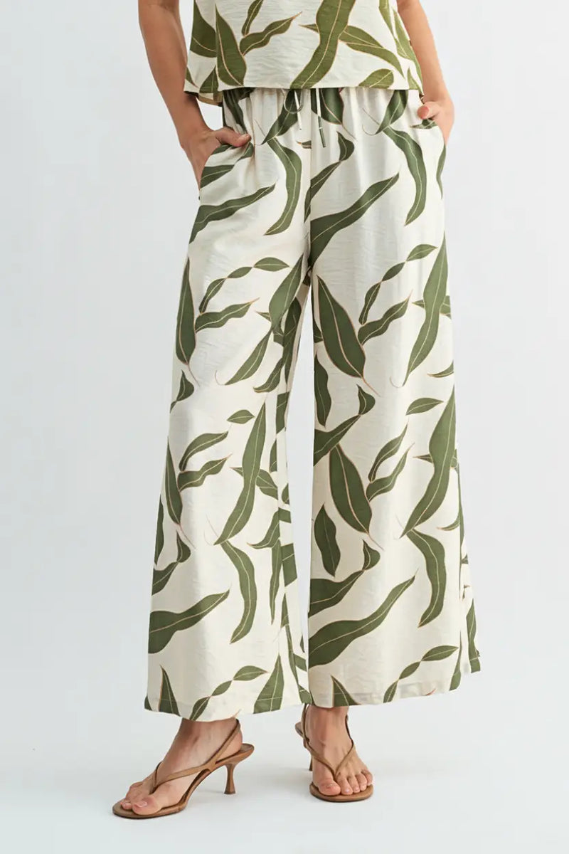Leaf print elastic waist wide-leg pants in cream with green leaves