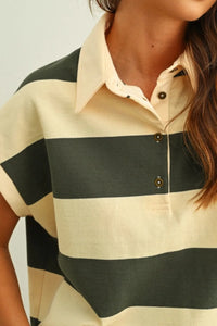 Wide striped short sleeve polo in cream and dark green
