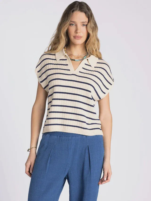 Thread and Supply Poet top cream and navy blue striped short-sleeved knit polo shirt with relaxed fit and collared v-neckline