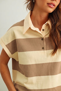 Cream and taupe wide striped short sleeve polo shirt with classic collar and dark brown buttons