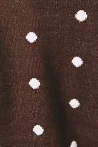 Brown knit crew neck sweater cardigan with white polka dot pattern showcasing soft textured fabric close-up