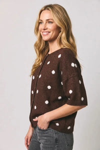 Brown knit crew neck sweater cardigan with white polka dots in a soft knit fabric for casual wear