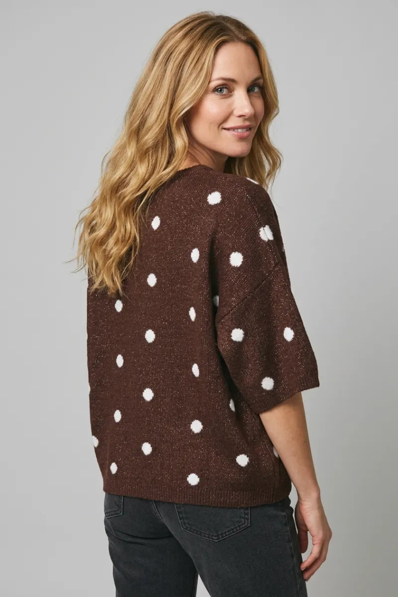 Brown crew neck sweater cardigan with white polka dots and subtle shimmer in knit fabric