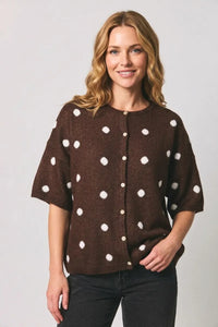 Brown crew neck sweater cardigan with white polka dots and button closure in knit fabric