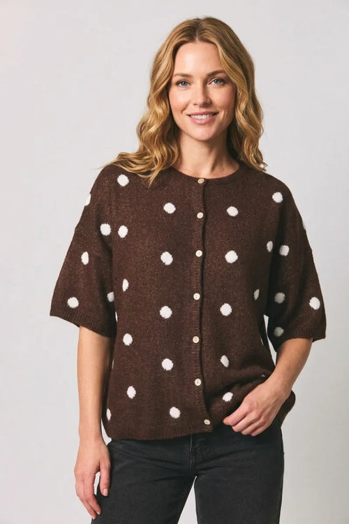 Brown crew neck sweater cardigan with white polka dots and button closure in knit fabric