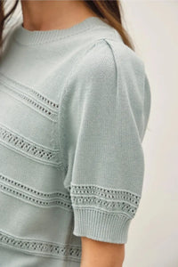 CROCHET STRIPED PUFF SLEEVE SWEATER