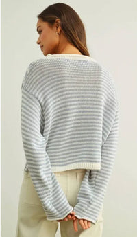 A cropped long-sleeved stripe button knit cardigan in light gray and off-white ribbed knit for women’s boho chic clothing
