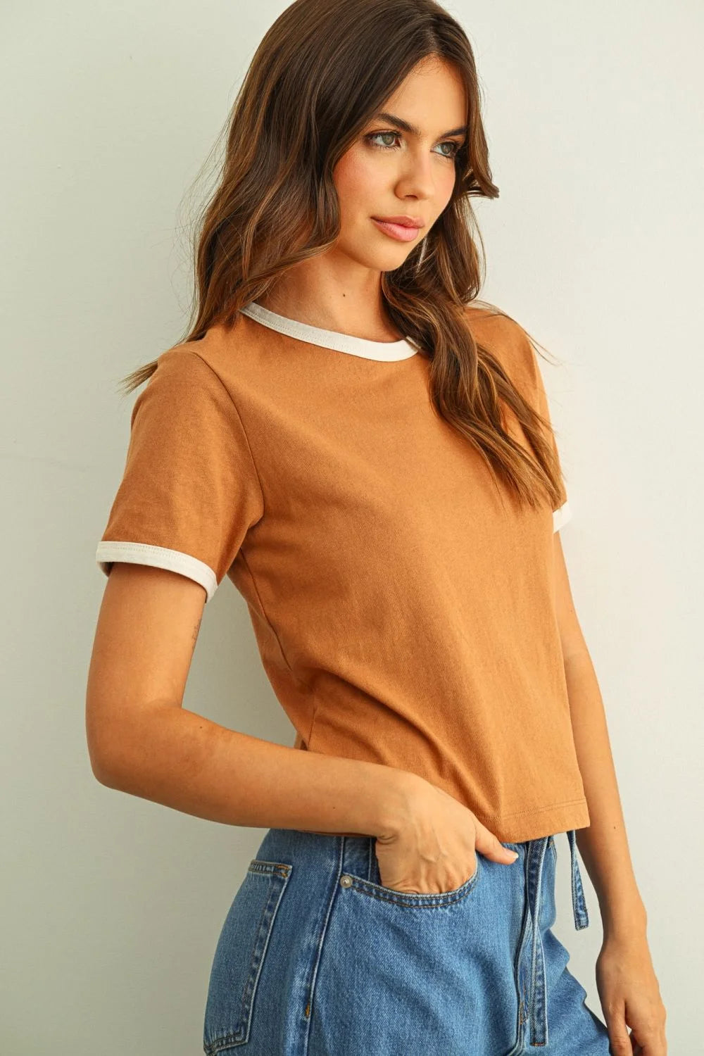 Cropped tan short sleeve ringer organic cotton top with white trim