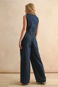 Dark blue denim vest with wide-leg overalls, women’s boho chic clothing from shop daisy