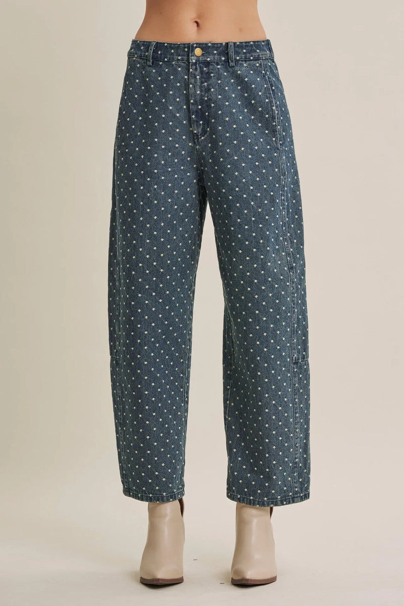 Dark blue wide leg jeans with jacquard polka dot pattern featuring french girl barrel leg design