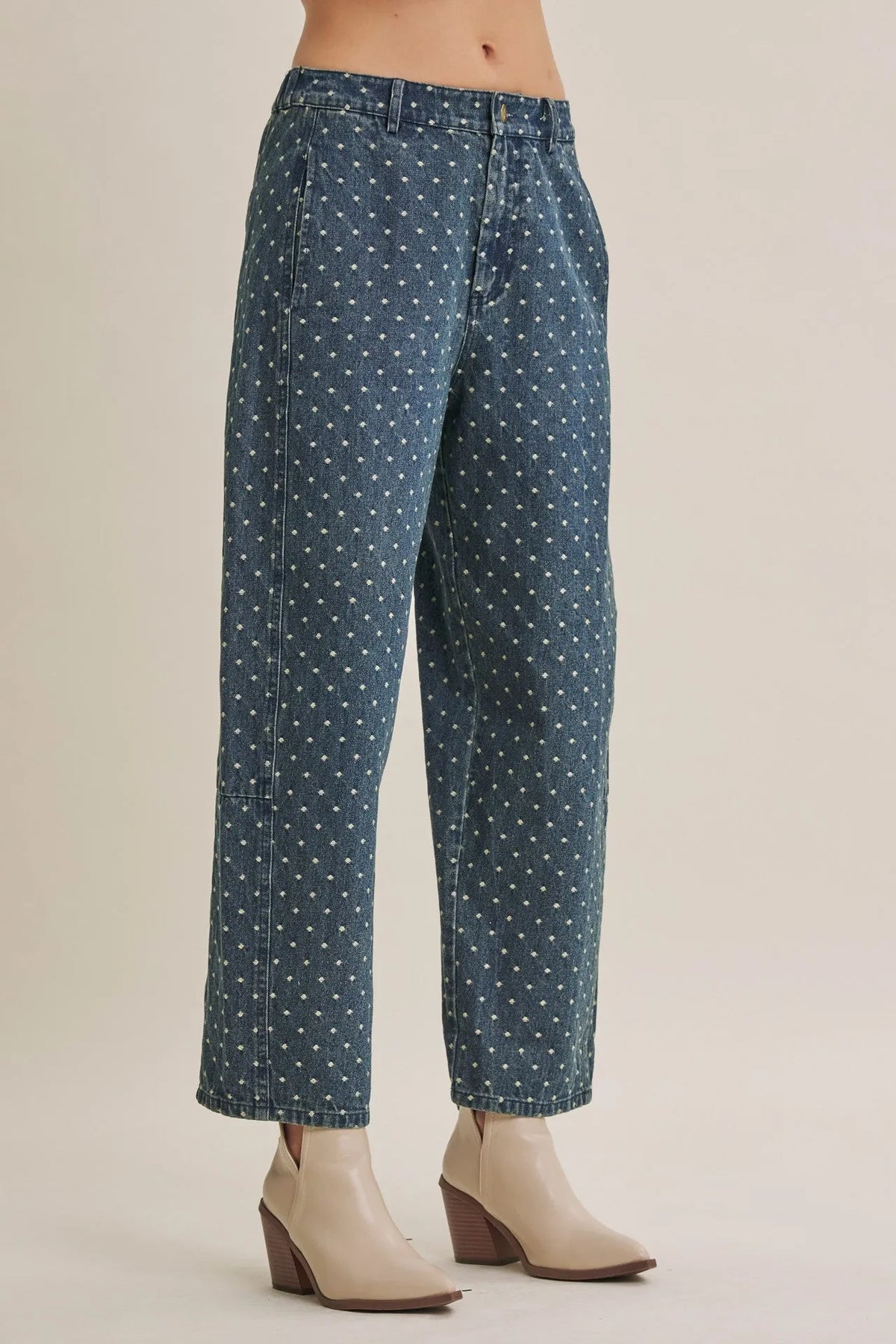 Dark blue jacquard polka dot barrel leg jeans with wide legs in french girl jacquard polka design