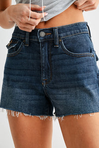 Dark blue stretch scissor cut denim shorts with frayed hem and classic five-pocket design