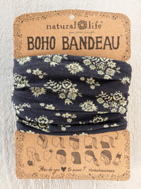 Dark blue floral-patterned boho bandeau headband from natural life featuring black cluster medallions design